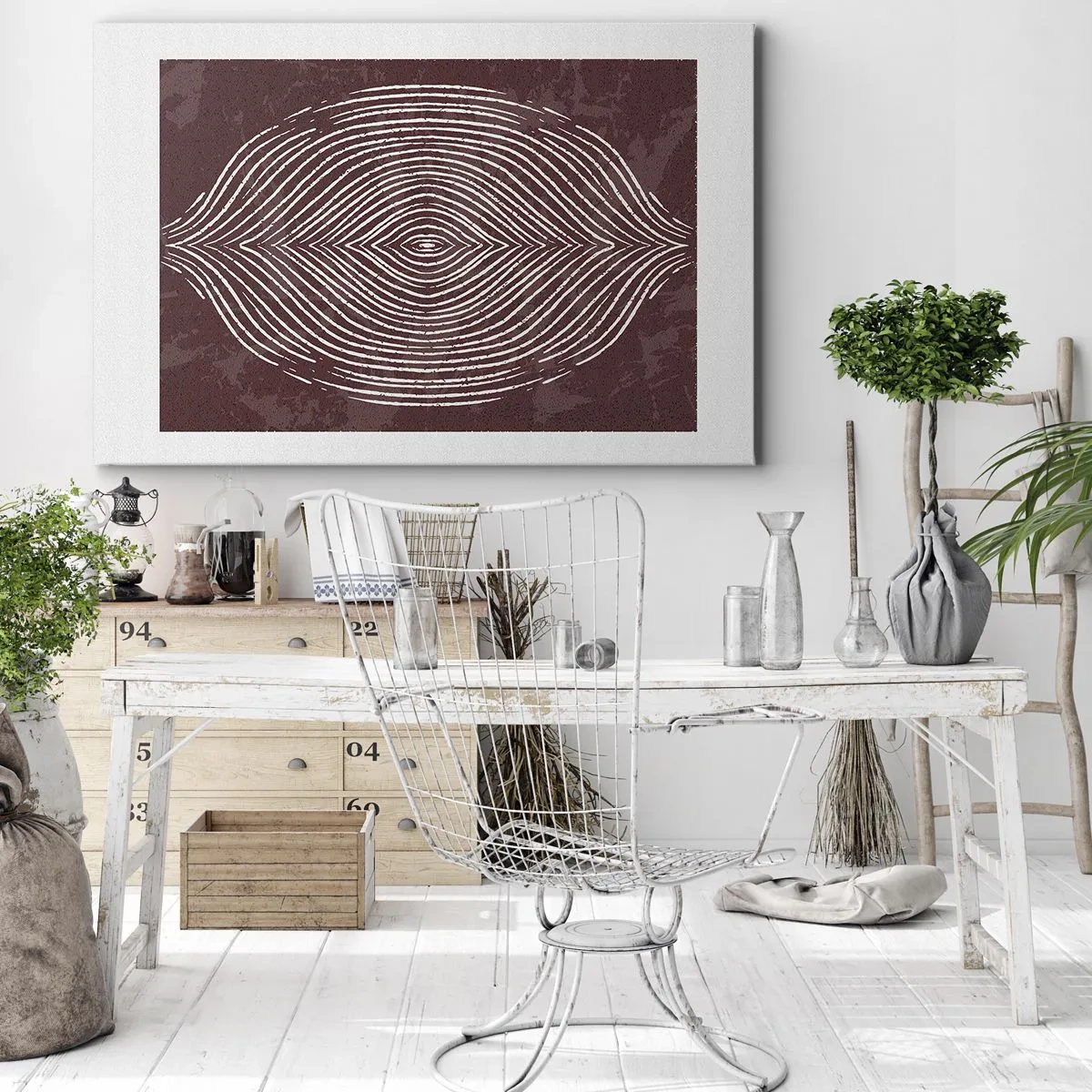 Obraz na plátně - Symetrické vlny v bílých čarách na hnědém pozadí - 70x50cm - Prostor promlouvá - Moderní nástěnná dekorace do obývacího pokoje a ložnice ARTTOR