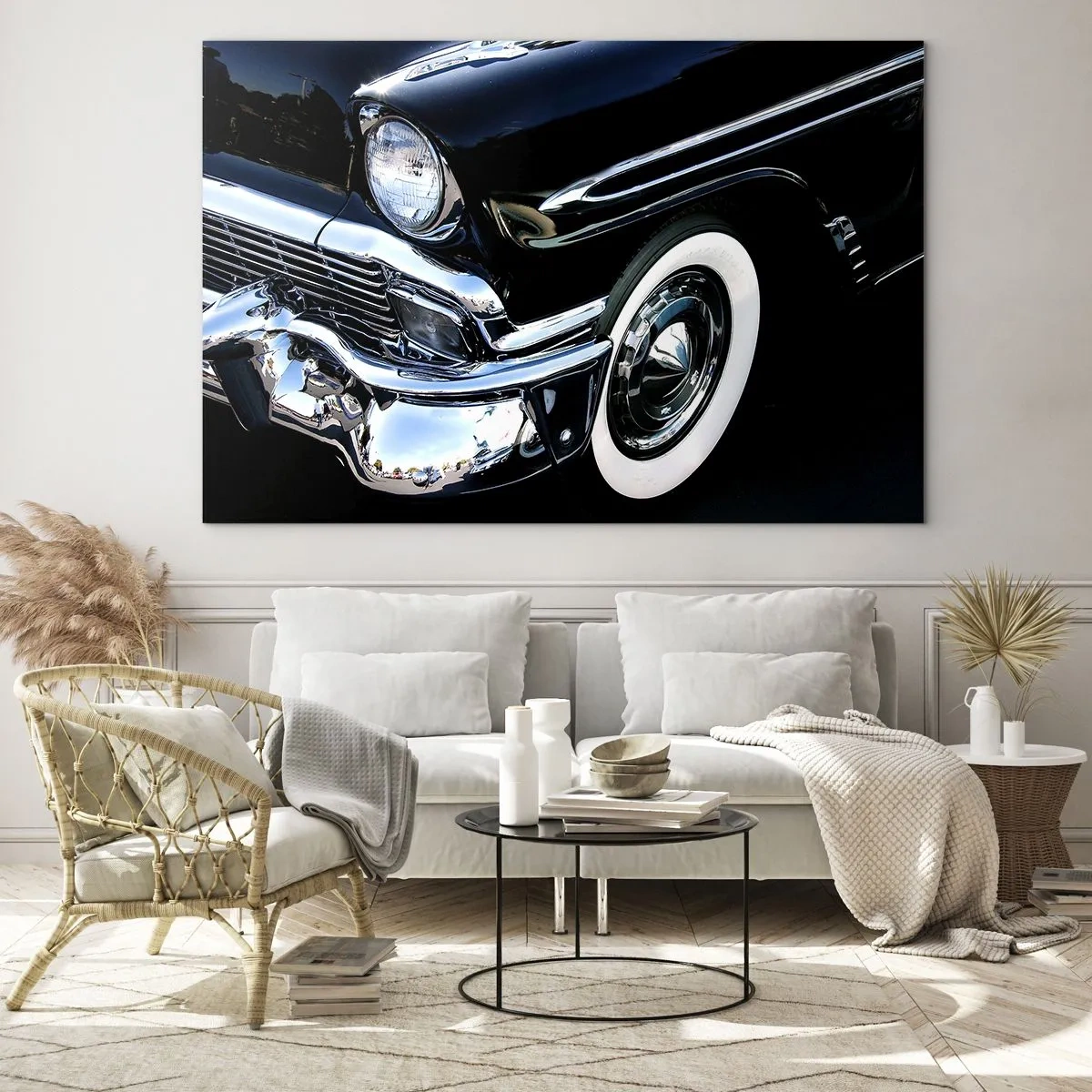 Obraz na skle - Detailní záběr na veteránského černého auta s chromovanými detaily - 70x50cm - Klasika v stříbrné, černé a bílé - Moderní nástěnná dekorace do obývacího pokoje a ložnice ARTTOR
