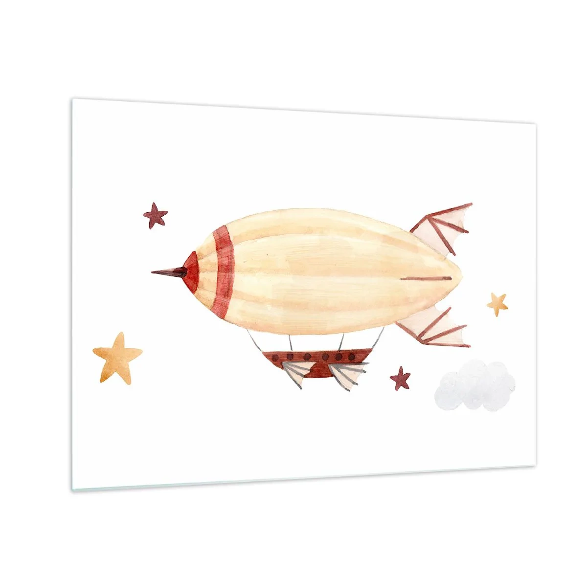 Obraz na skle - Kreslená vzducholoď mezi hvězdami na bílém pozadí - 70x50cm - Vzducholoď - Moderní nástěnná dekorace do obývacího pokoje a ložnice ARTTOR