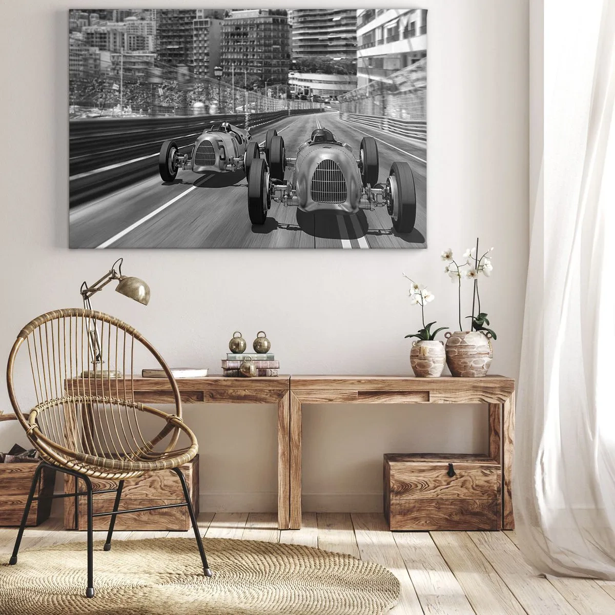 Obraz na plátně - Monochromatický retro auto závodní scéna - 70x50cm - Kdysi dávno v Monte Carlu - Moderní nástěnná dekorace do obývacího pokoje a ložnice ARTTOR