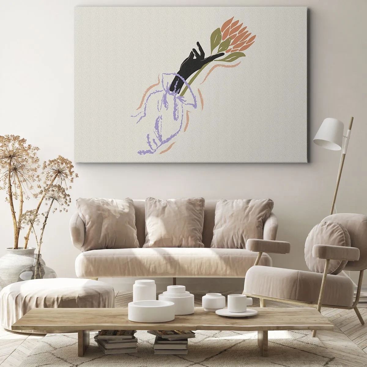 Obraz na plátně - Minimalistická kytice květin v jemném stylu - 70x50cm - Sesterský dotek - Moderní nástěnná dekorace do obývacího pokoje a ložnice ARTTOR