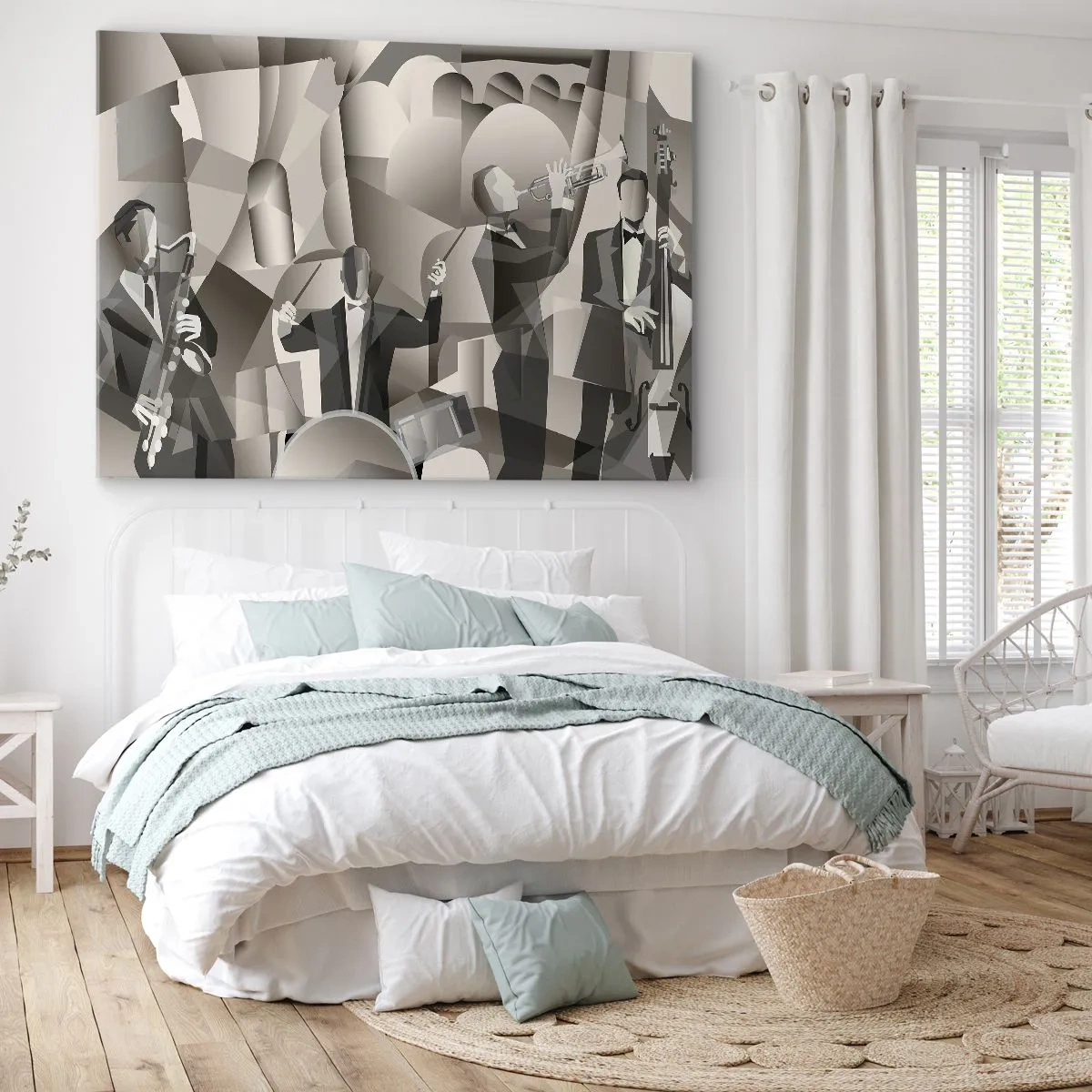 Obraz na plátně - Abstraktní scéna s jazzovými hudebníky v odstínech šedé. - 70x50cm - V prostoru zvuků - Moderní nástěnná dekorace do obývacího pokoje a ložnice ARTTOR