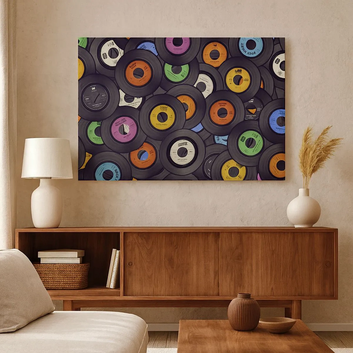 Obraz na plátně - Barevné vinyly naskládané na sobě - 70x50cm - Barvy klasiky - Moderní nástěnná dekorace do obývacího pokoje a ložnice ARTTOR
