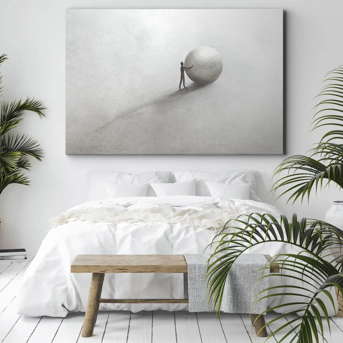 Obraz na plátně - Minimalistická postava s míčem na světlém, monochromatickém pozadí. - 70x50cm - Hra života - Moderní nástěnná dekorace do obývacího pokoje a ložnice ARTTOR