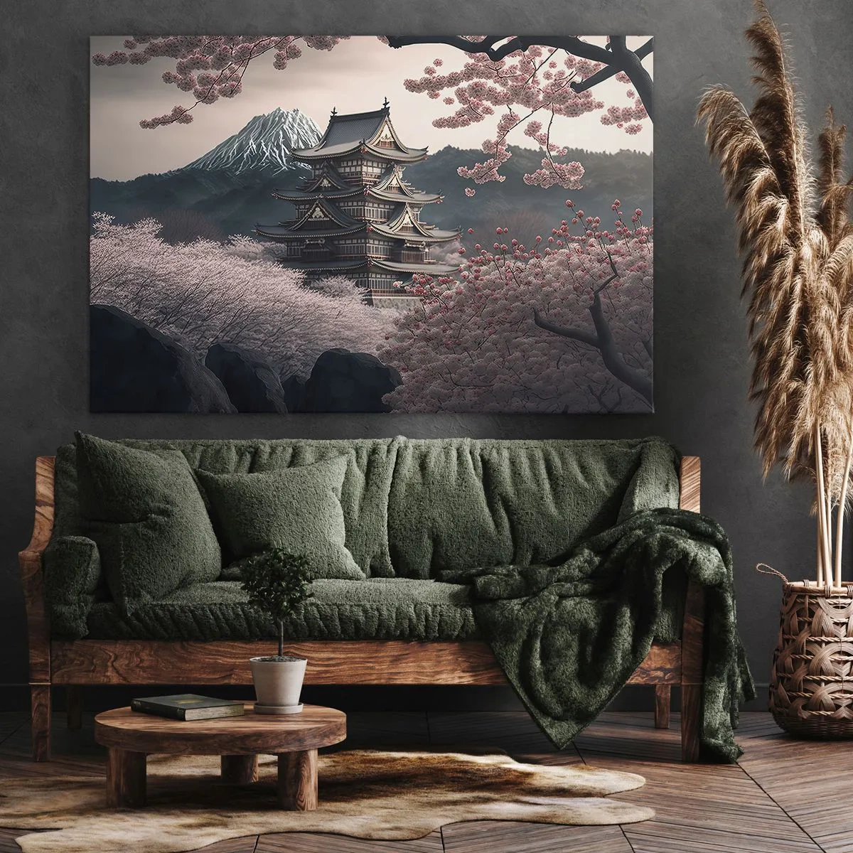 Obraz na plátně - Japonský chrám obklopený třešňovými květy a horami - 70x50cm - Země kvetoucích třešní - Moderní nástěnná dekorace do obývacího pokoje a ložnice ARTTOR