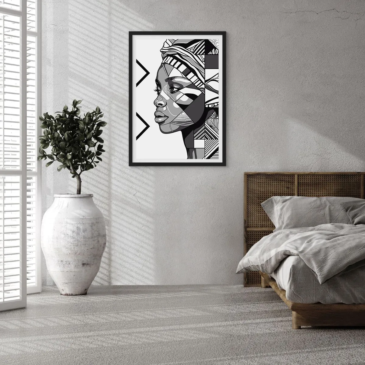 Plakát v černém rámu - Geometrický portrét ženy v černé a bílé - 50x70cm - Etnický portrét - Moderní nástěnná dekorace do obývacího pokoje a ložnice ARTTOR