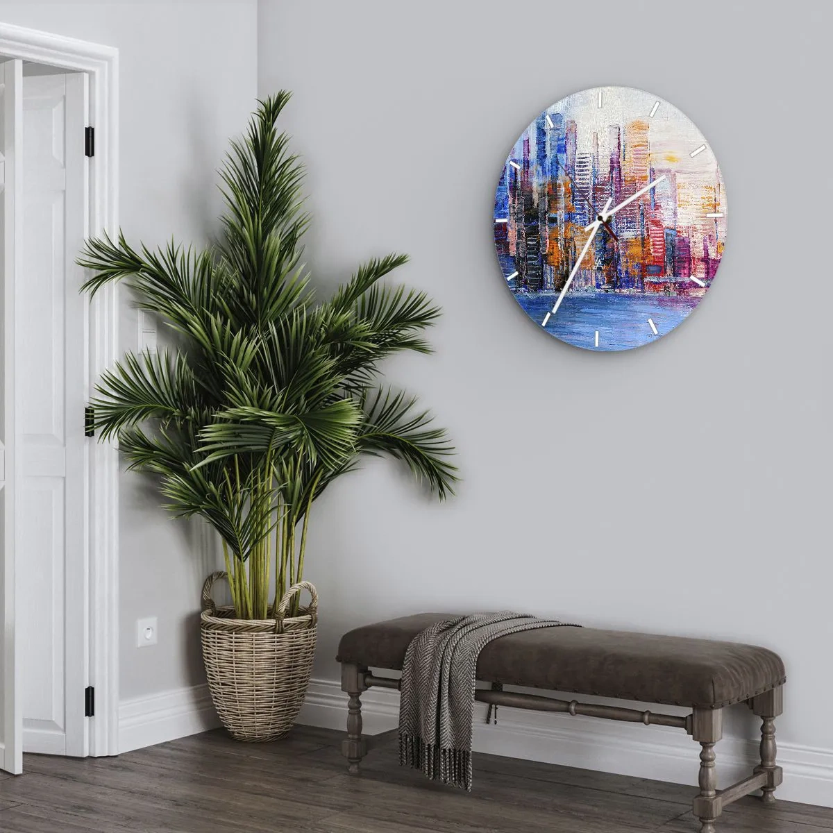 Nástěnné hodiny - Barevné mrakodrapy nad vodou v expresivním, malířském stylu - 30x30cm - Radostná metropole - Moderní nástěnná dekorace do obývacího pokoje, kuchyně a ložnice ARTTOR