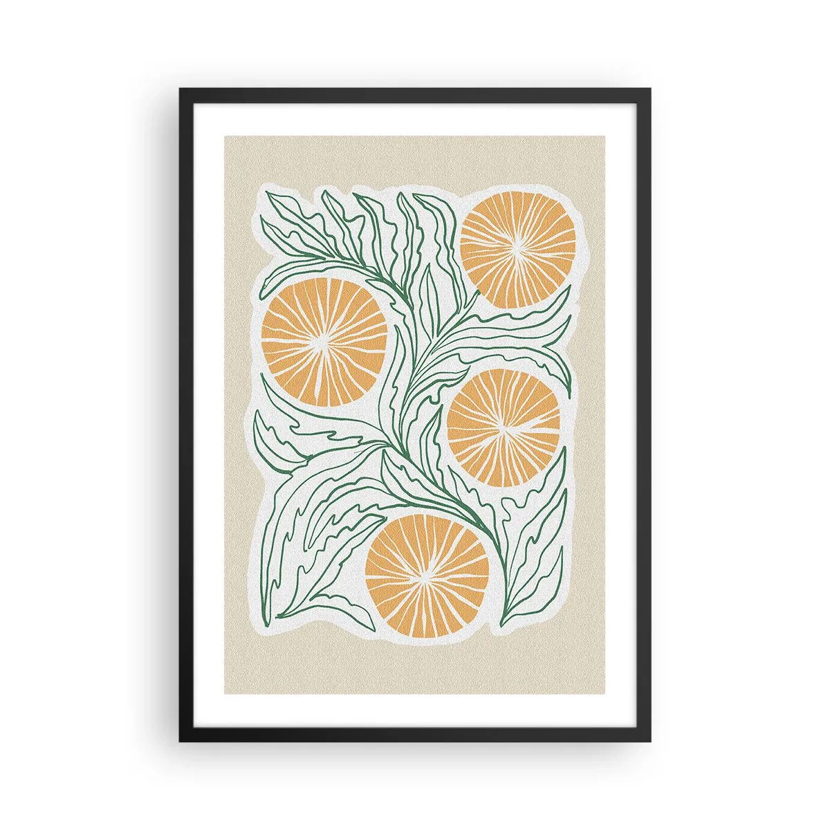 Plakát v černém rámu - Abstraktní kompozice z listů a pomerančů na béžovém pozadí - 50x70cm - Etnický s abstraktním nádechem - Moderní nástěnná dekorace do obývacího pokoje a ložnice ARTTOR