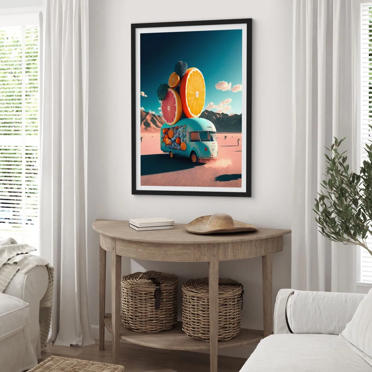 Plakát v černém rámu - Luxusní ovocný vůz v poušti - 50x70cm - Chuť prázdnin - Moderní nástěnná dekorace do obývacího pokoje a ložnice ARTTOR