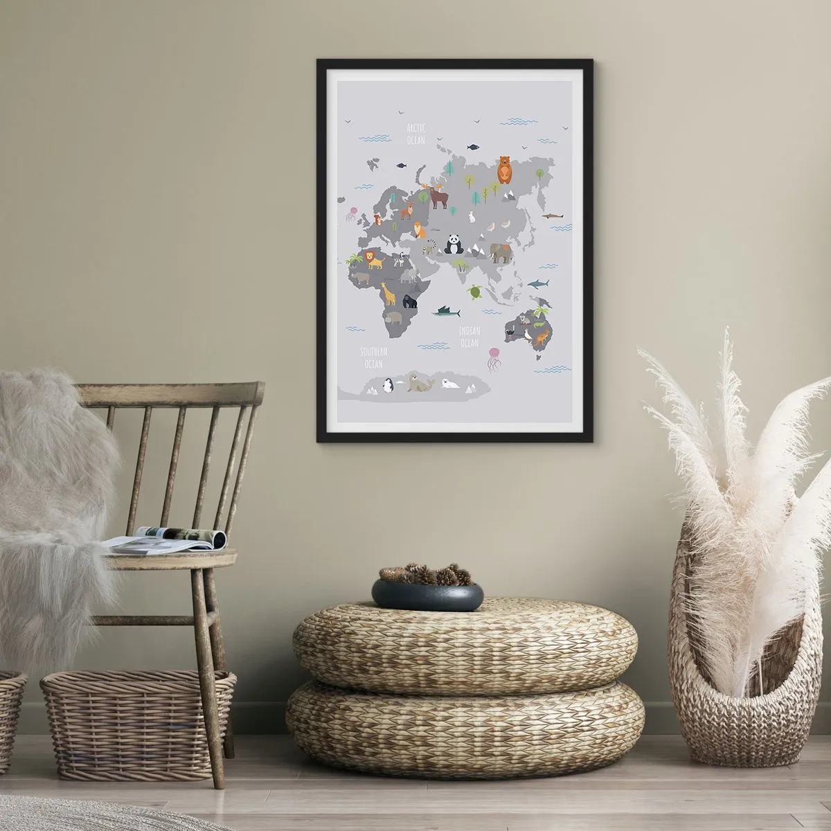 Plakát v černém rámu - Mapa světa s barevnými zvířaty pro děti - 50x70cm - Řekni mi, odkud jsi… - Moderní nástěnná dekorace do obývacího pokoje a ložnice ARTTOR