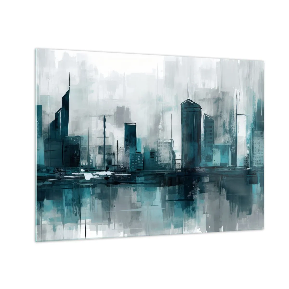 Obraz na skle - Moderní město v odstínech modré a šedé - 70x50cm - Město v barvě deště - Moderní nástěnná dekorace do obývacího pokoje a ložnice ARTTOR