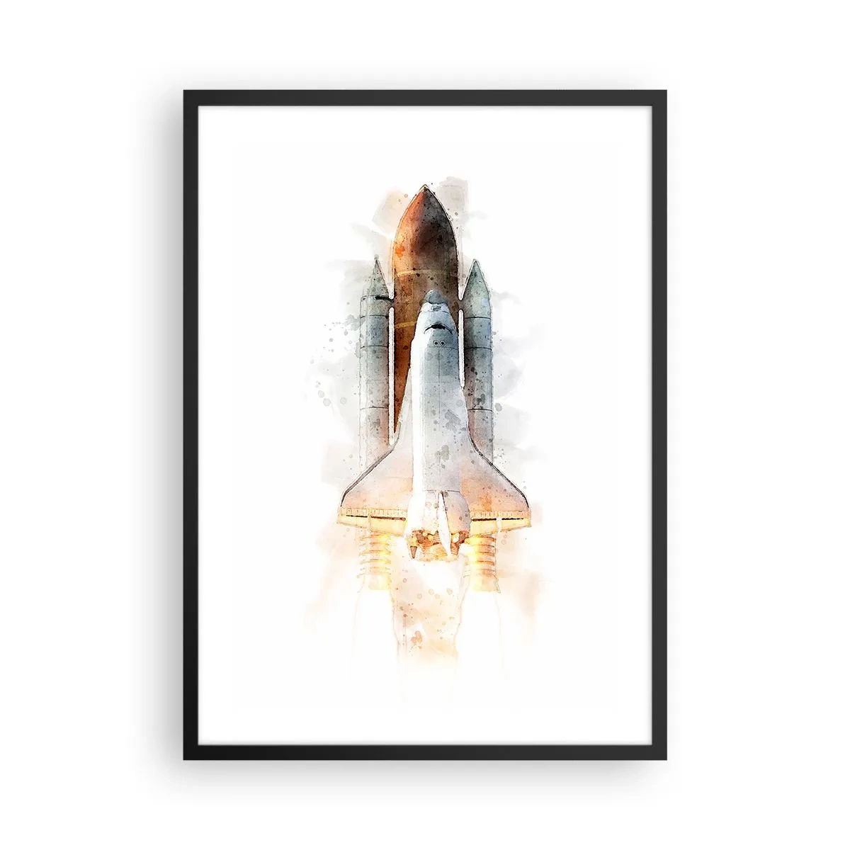 Plakát v černém rámu - Vzlet raketoplánu ve stylu akvarelu - 50x70cm - Průzkumníci do toho - Moderní nástěnná dekorace do obývacího pokoje a ložnice ARTTOR