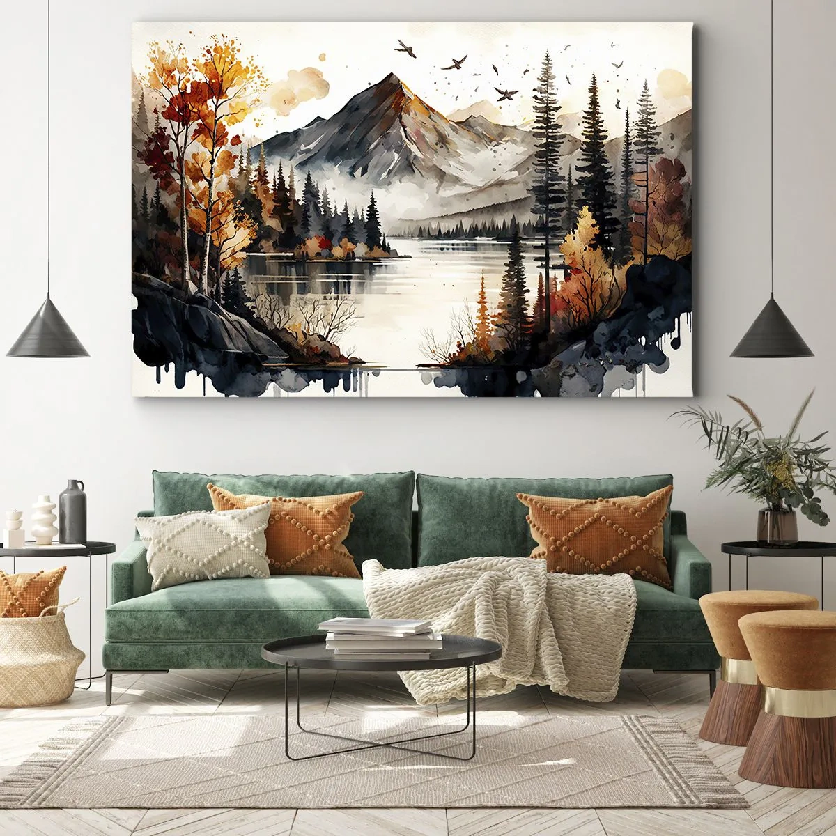 Obraz na plátně - Podzimní horská krajina s jezerem a stromy v akvarelu - 70x50cm - Zlatý podzim na horách - Moderní nástěnná dekorace do obývacího pokoje a ložnice ARTTOR