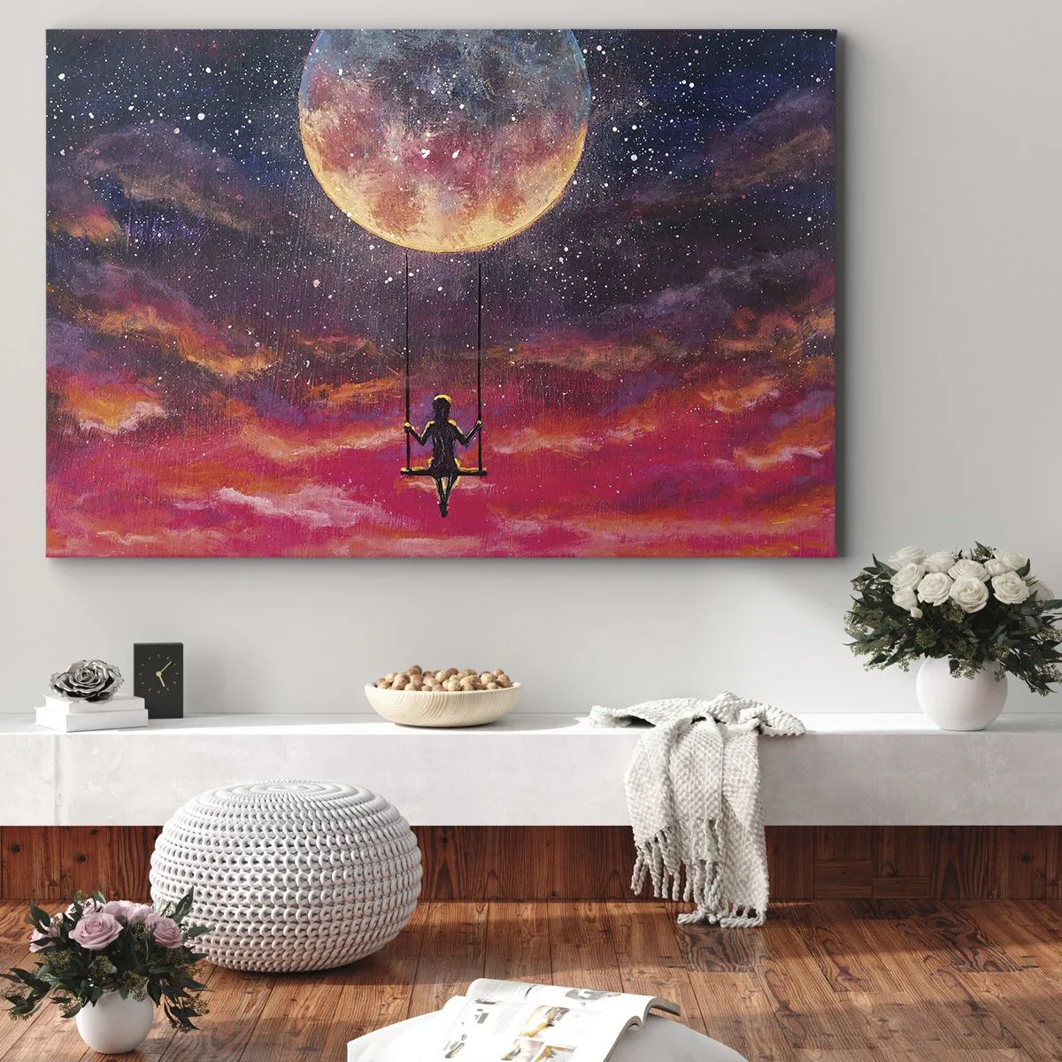 Obraz na plátně - Postava na houpačce zavěšená proti měsíci - 70x50cm - Stavět si vzdušné zámky - Moderní nástěnná dekorace do obývacího pokoje a ložnice ARTTOR