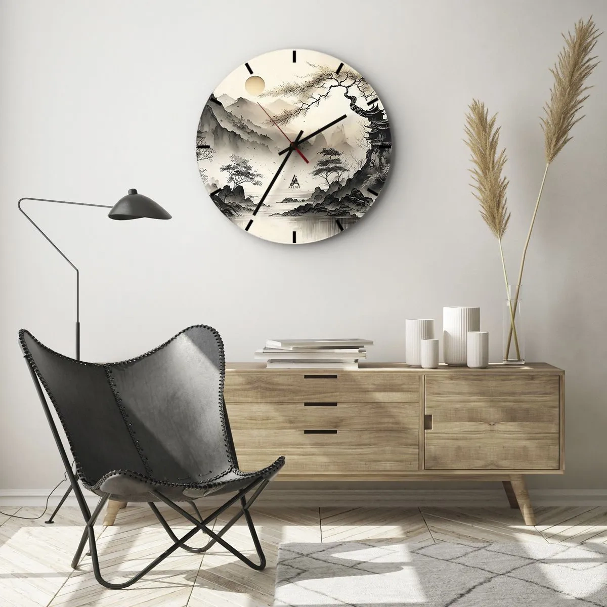Nástěnné hodiny - Čínská tušová malba horské krajiny s pagodou a mlhavým údolím - 30x30cm - Jedinečné kouzlo orientu - Moderní nástěnná dekorace do obývacího pokoje, kuchyně a ložnice ARTTOR