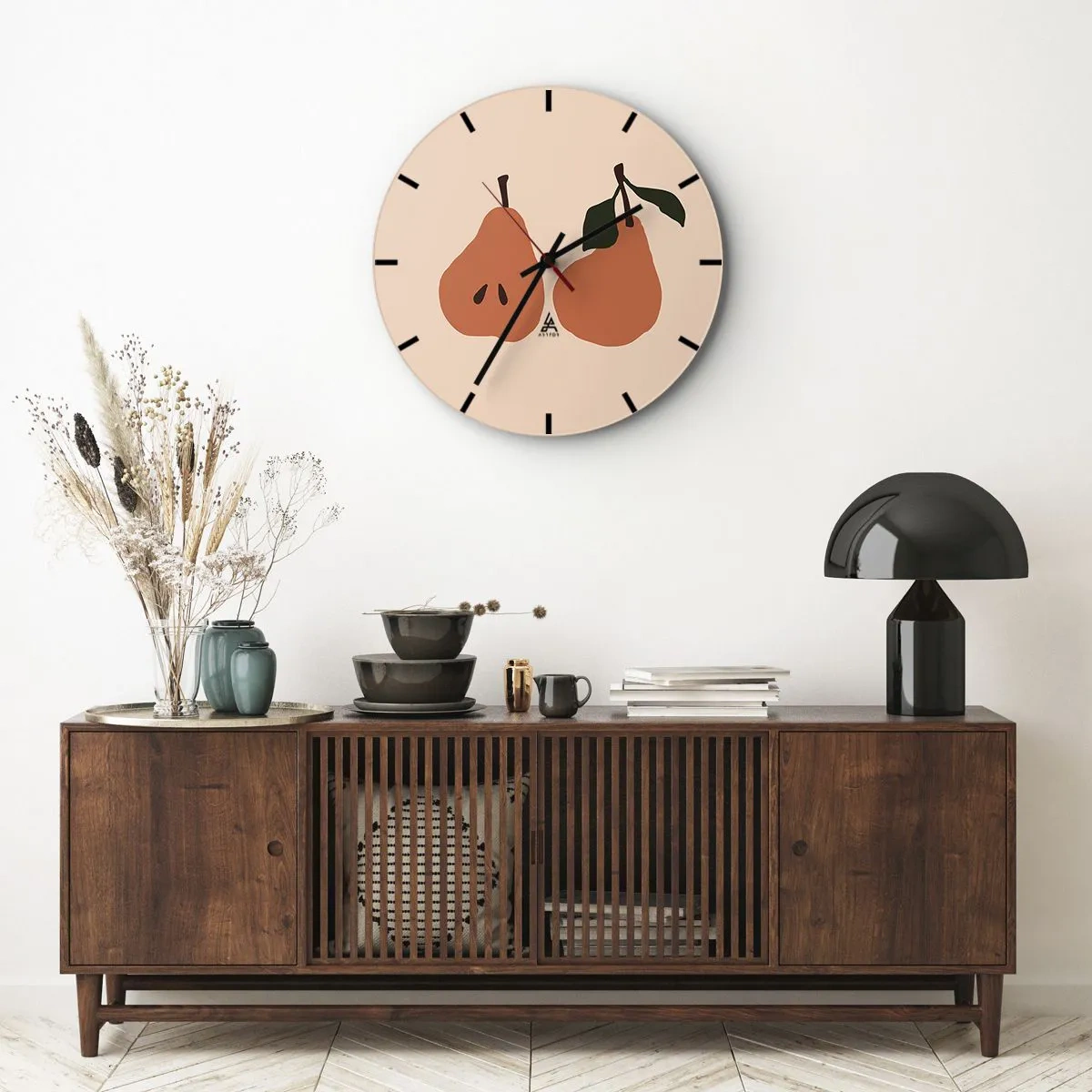 Nástěnné hodiny - Dvě hrušky v teplých barvách na béžovém pozadí - 30x30cm - Čirá sladkost - Moderní nástěnná dekorace do obývacího pokoje, kuchyně a ložnice ARTTOR