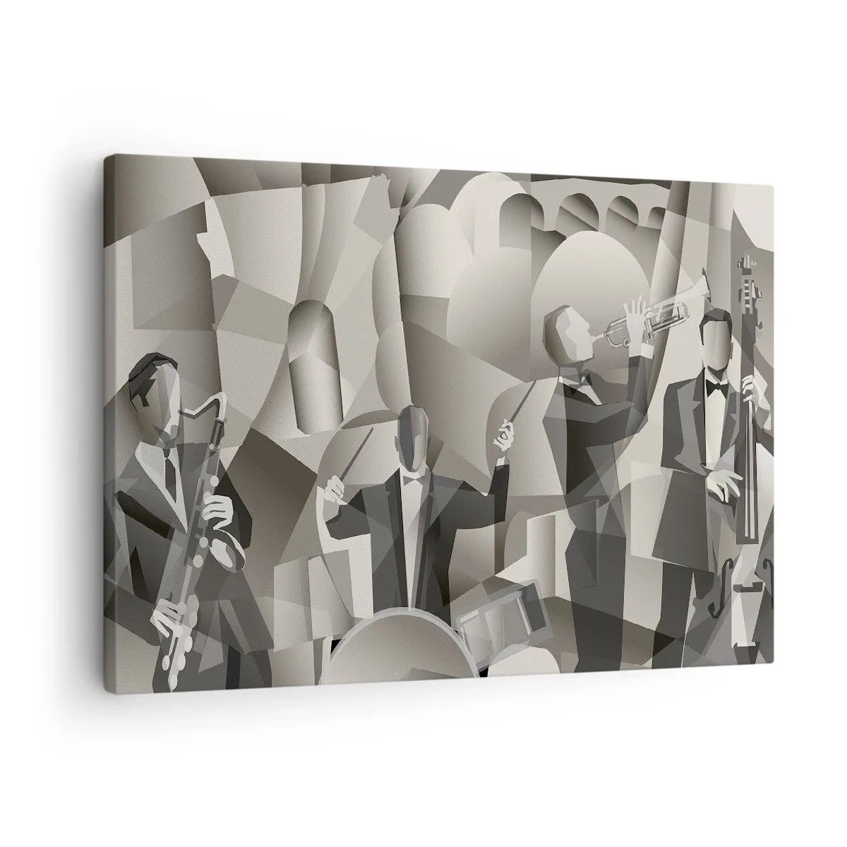 Obraz na plátně - Abstraktní scéna s jazzovými hudebníky v odstínech šedé. - 70x50cm - V prostoru zvuků - Moderní nástěnná dekorace do obývacího pokoje a ložnice ARTTOR