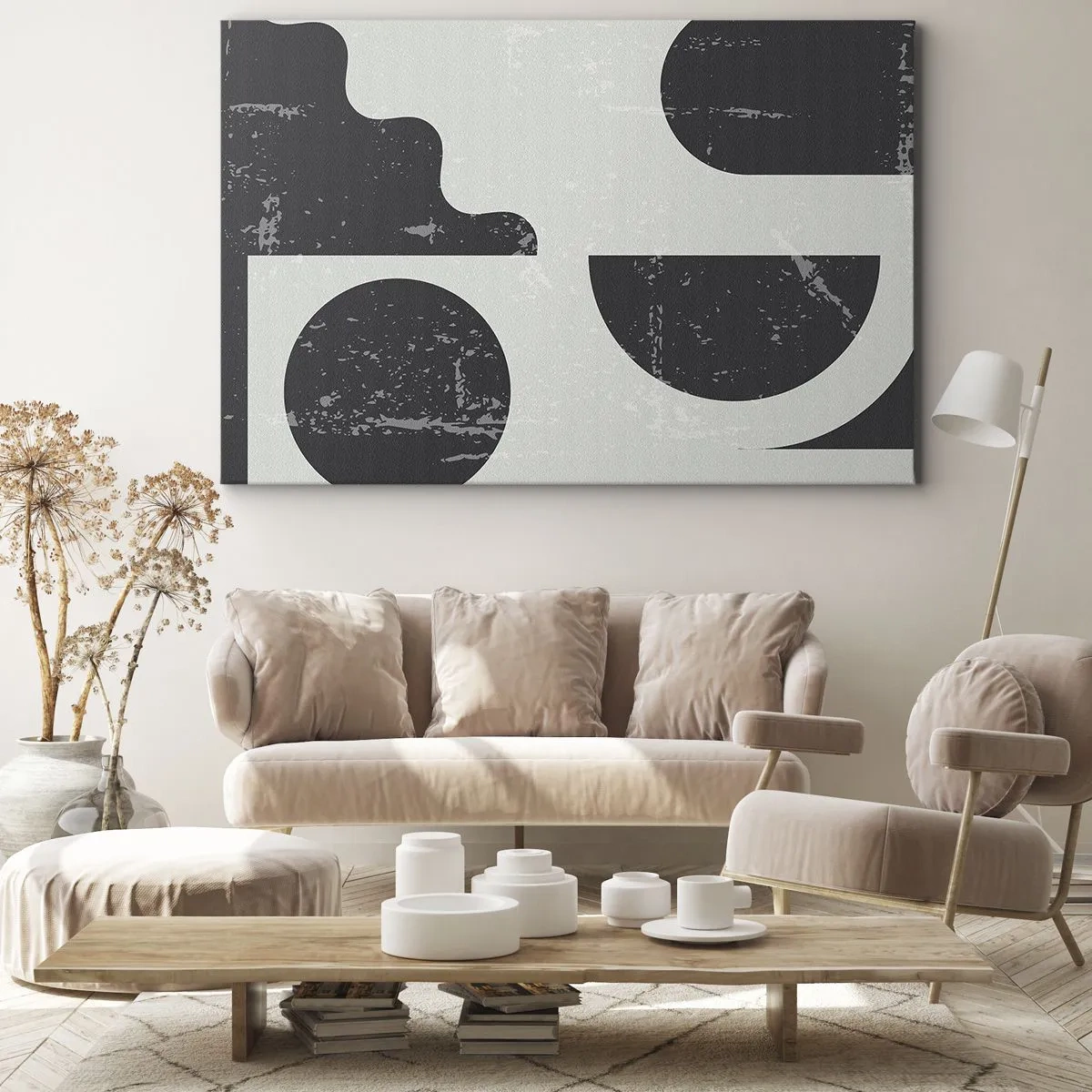 Obraz na plátně - Geometrické vzory v odstínech černé a šedé - 70x50cm - Kompozice nad a pod - Moderní nástěnná dekorace do obývacího pokoje a ložnice ARTTOR