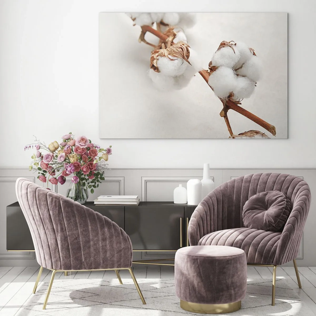 Obraz na skle - Detail bavlníkové větve na světlém pozadí - 70x50cm - Jenom objímat - Moderní nástěnná dekorace do obývacího pokoje a ložnice ARTTOR