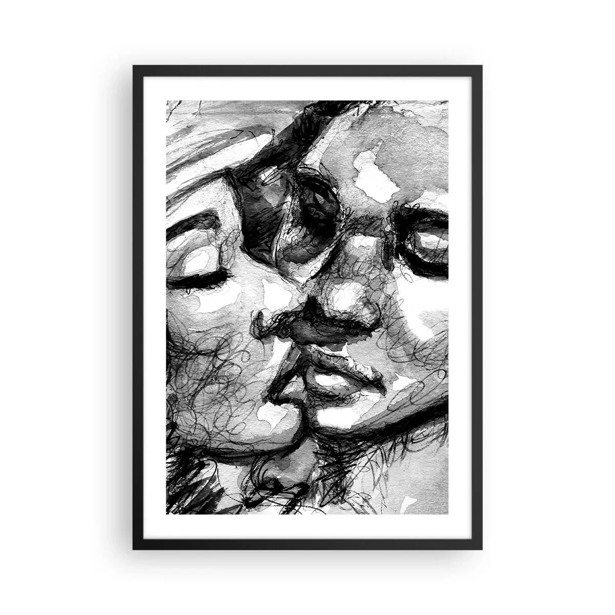 Plakát v černém rámu - Abstraktní černobílý portrét polibku - 50x70cm - Něžný okamžik - Moderní nástěnná dekorace do obývacího pokoje a ložnice ARTTOR