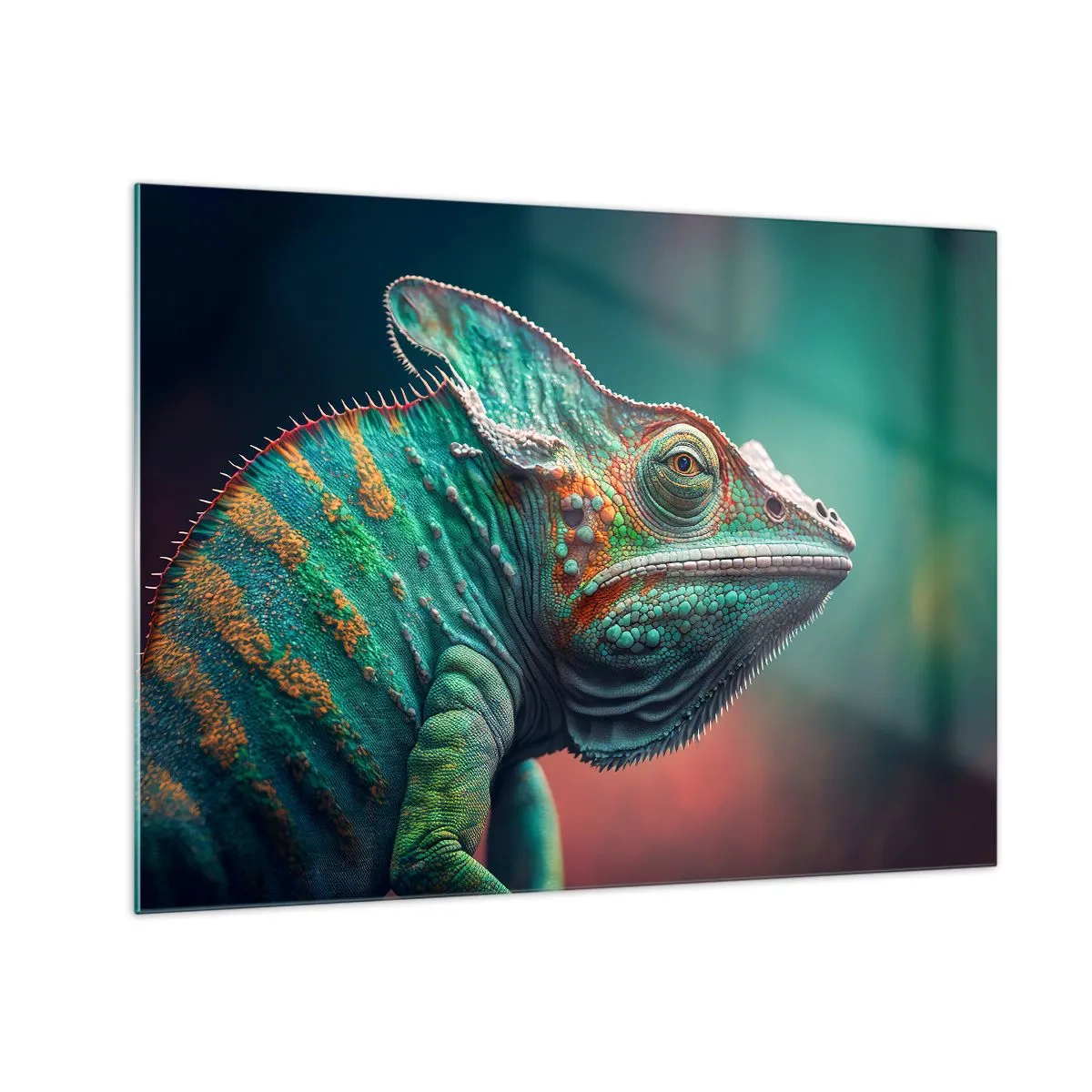 Obraz na skle - Barevný chameleon na rozmazaném pozadí v intenzivním světle. - 70x50cm - Vidíš mě? To není dobré… - Moderní nástěnná dekorace do obývacího pokoje a ložnice ARTTOR