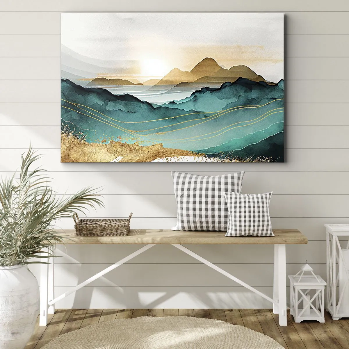 Obraz na plátně - Abstraktní krajina s horami a zlatými akcenty - 70x50cm - Na pokraji abstrakce – krajina - Moderní nástěnná dekorace do obývacího pokoje a ložnice ARTTOR