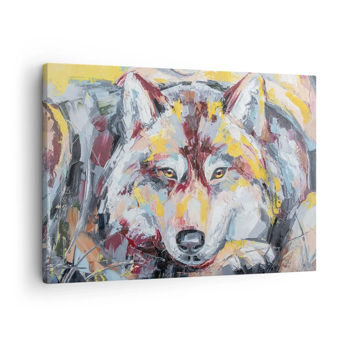 Obraz na plátně - Umělecký portrét vlka v intenzivních barvách - 70x50cm - Klid mezi blízkými - Moderní nástěnná dekorace do obývacího pokoje a ložnice ARTTOR