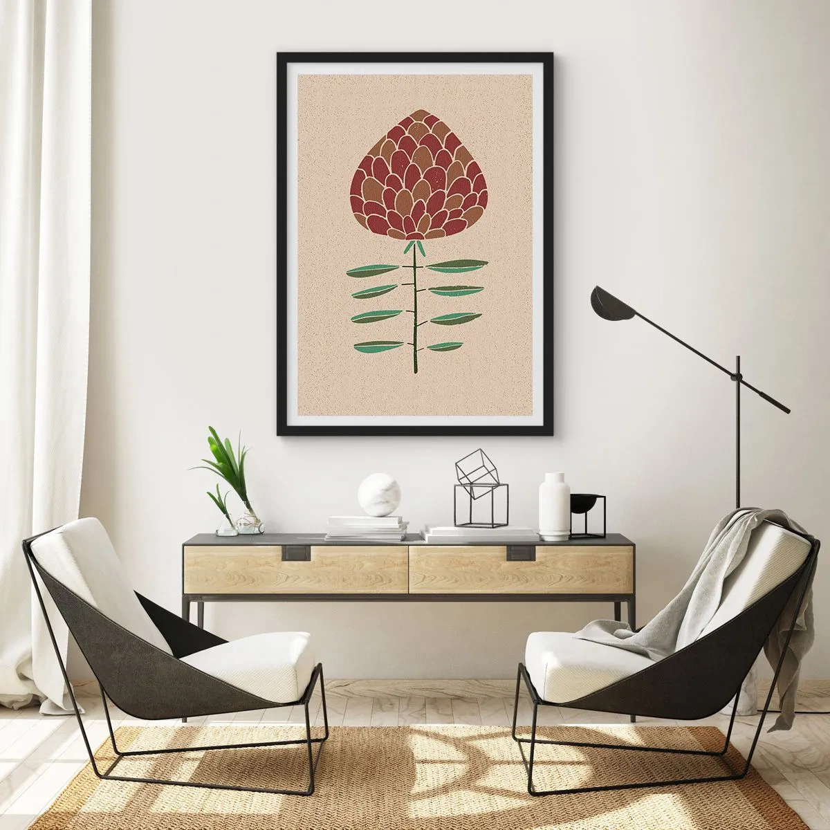 Plakát v černém rámu - Abstraktní květina v teplých barvách na béžovém pozadí - 50x70cm - Šéf šéfů - Moderní nástěnná dekorace do obývacího pokoje a ložnice ARTTOR