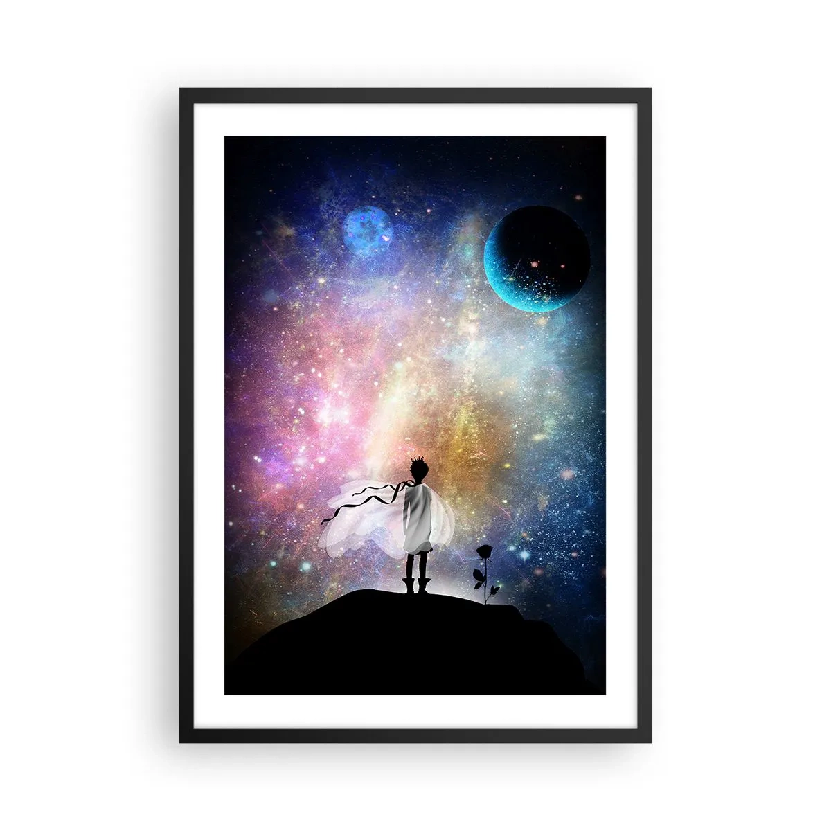 Plakát v černém rámu - Fantastická vesmírná scéna se siluetou postavy a růží - 50x70cm - Malý princ - Moderní nástěnná dekorace do obývacího pokoje a ložnice ARTTOR