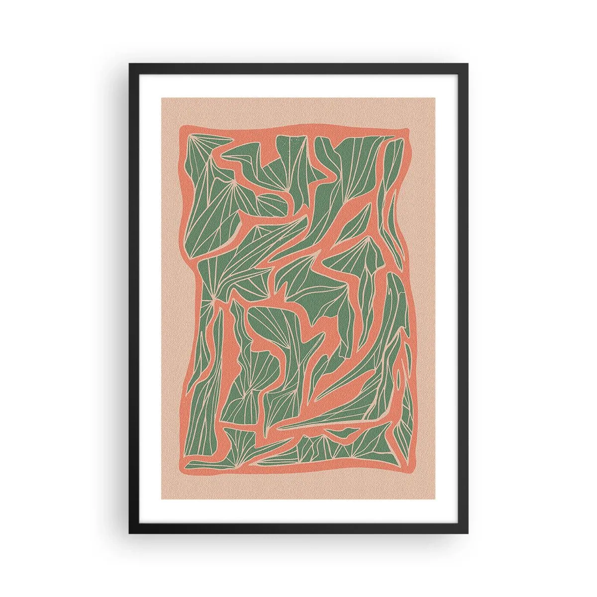 Plakát v černém rámu - Abstraktní listový vzor v odstínech zelené a terakoty - 50x70cm - Souboj korálů a zeleně - Moderní nástěnná dekorace do obývacího pokoje a ložnice ARTTOR