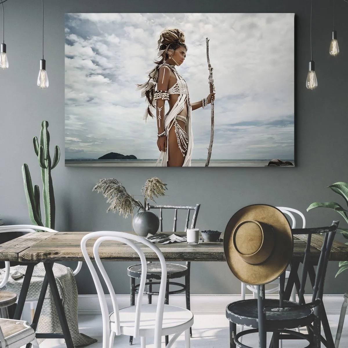 Obraz na plátně - Stylizovaná žena na pláži s etnickými ornamenty a hůlkou - 70x50cm - Královna tropů - Moderní nástěnná dekorace do obývacího pokoje a ložnice ARTTOR