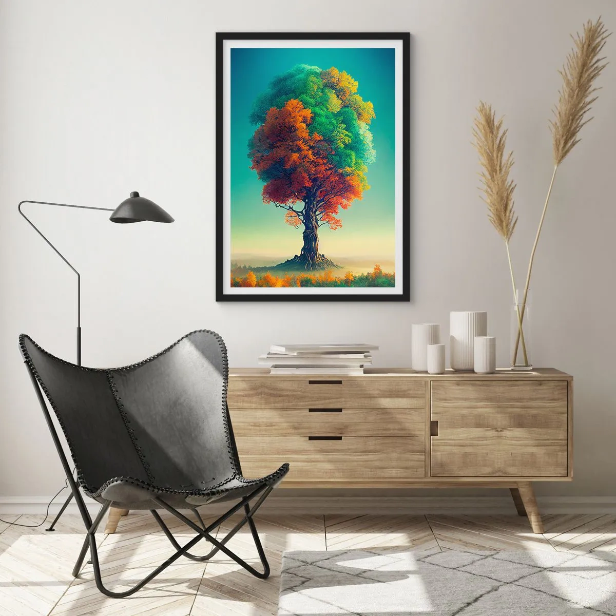 Plakát v černém rámu - Strom v barvách čtyř ročních období - 50x70cm - Dub – otec přírody - Moderní nástěnná dekorace do obývacího pokoje a ložnice ARTTOR
