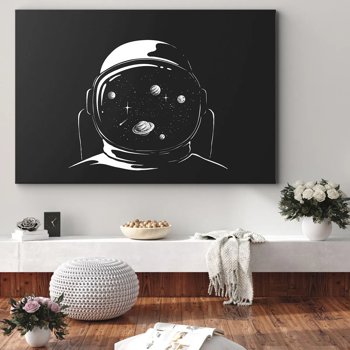 Obraz na plátně - Minimalistická astronautská helma s výhledem na vesmír - 70x50cm - Skvělý výhled - Moderní nástěnná dekorace do obývacího pokoje a ložnice ARTTOR