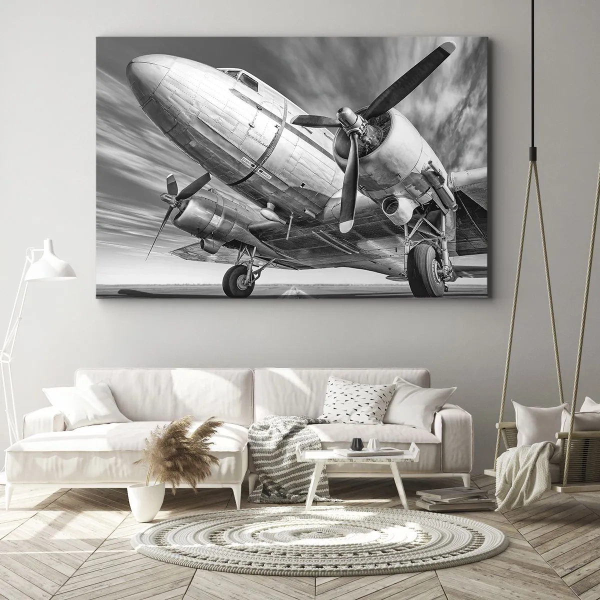 Obraz na plátně - Černobílý obrázek klasického letadla s viditelnými konstrukčními detaily. - 70x50cm - Vždy připraven k letu - Moderní nástěnná dekorace do obývacího pokoje a ložnice ARTTOR