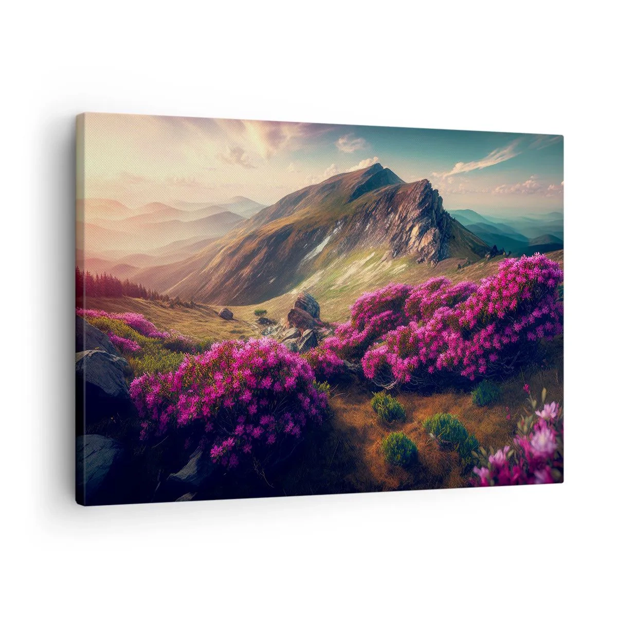 Obraz na plátně - Horská krajina s kvetoucími rododendrony - 70x50cm - Léto na horách - Moderní nástěnná dekorace do obývacího pokoje a ložnice ARTTOR