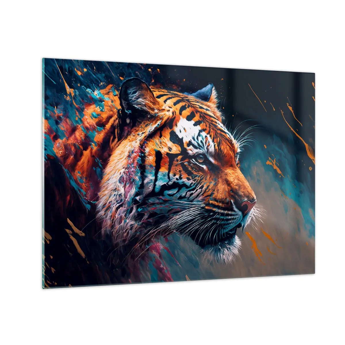 Obraz na skle - Portrét tygra v umělecké explozi barev - 70x50cm - Divoká krása - Moderní nástěnná dekorace do obývacího pokoje a ložnice ARTTOR