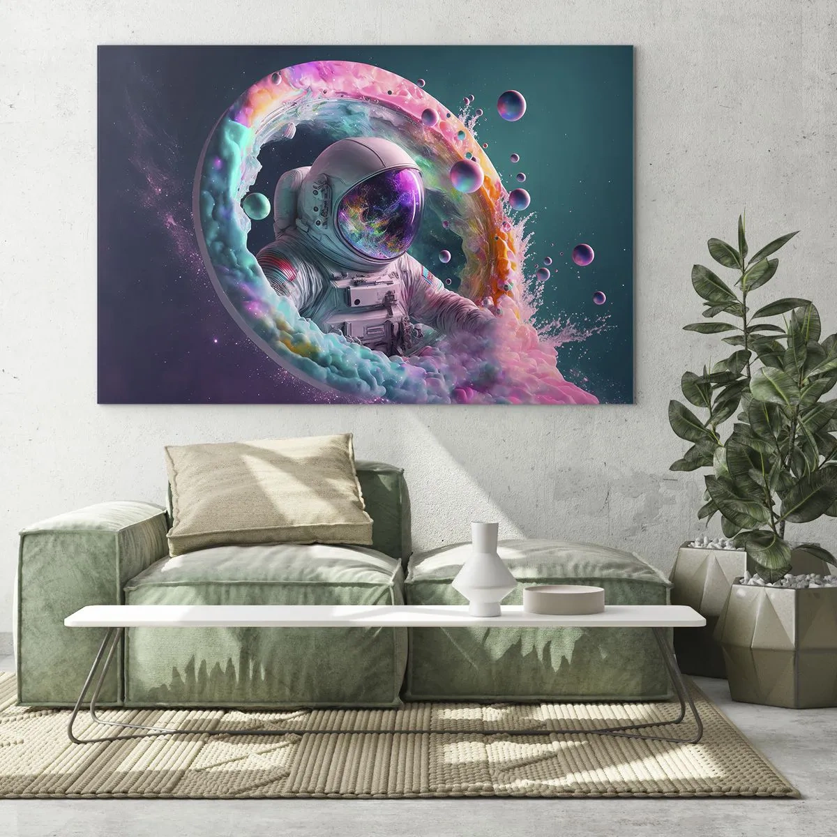 Obraz na skle - Astronaut v barevném prostoru - 70x50cm - Hvězdná brána - Moderní nástěnná dekorace do obývacího pokoje a ložnice ARTTOR