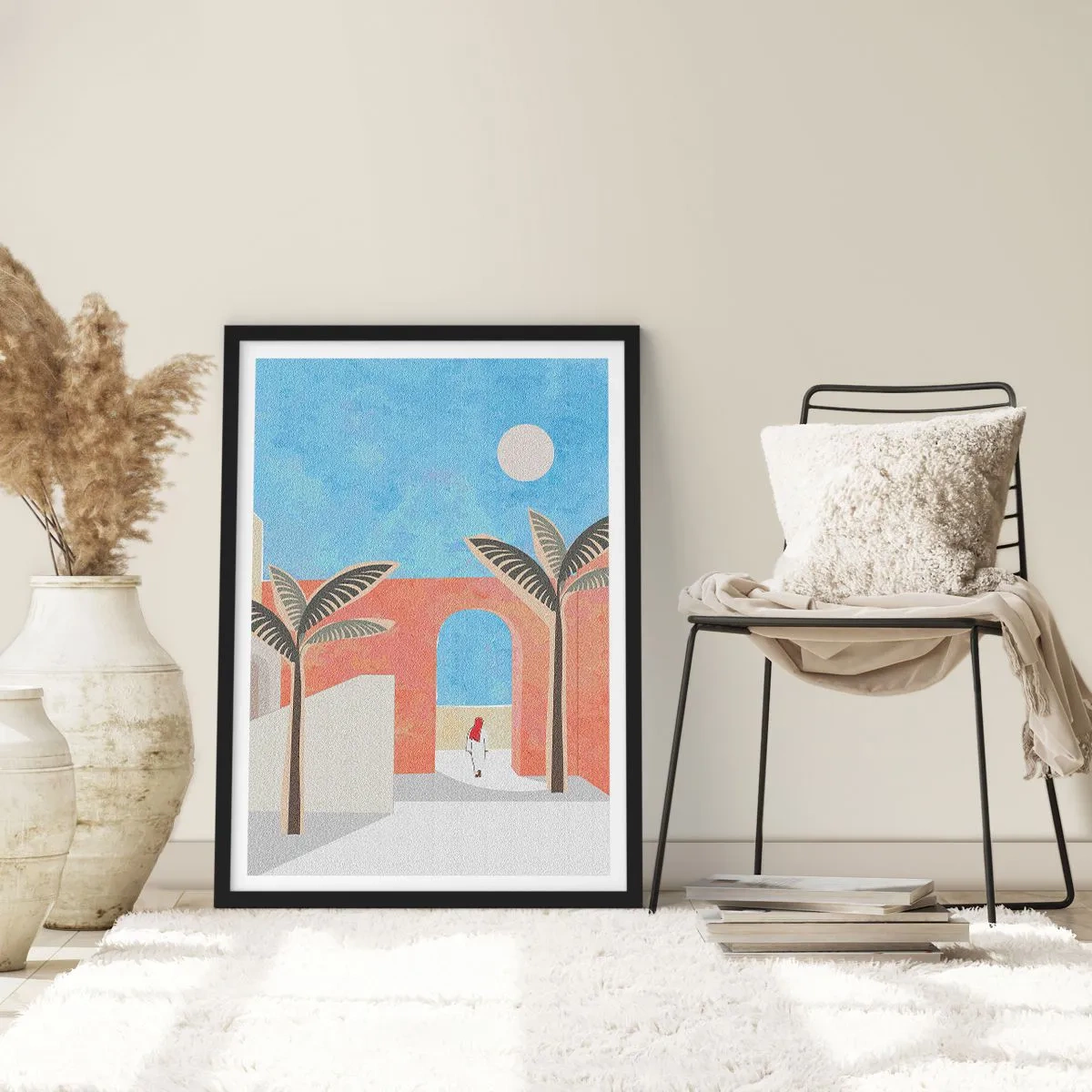 Plakát v černém rámu - Minimalistická scenérie s palmami a obloukem - 50x70cm - Arabský den - Moderní nástěnná dekorace do obývacího pokoje a ložnice ARTTOR