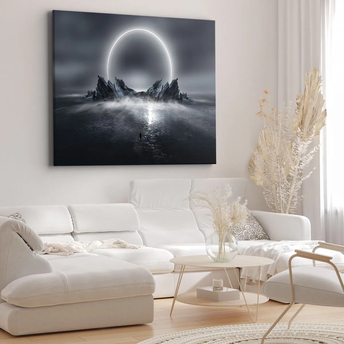 Obraz na plátně - Tajemná krajina s prstencem světla nad horami - 70x50cm - Finále příběhu - Moderní nástěnná dekorace do obývacího pokoje a ložnice ARTTOR