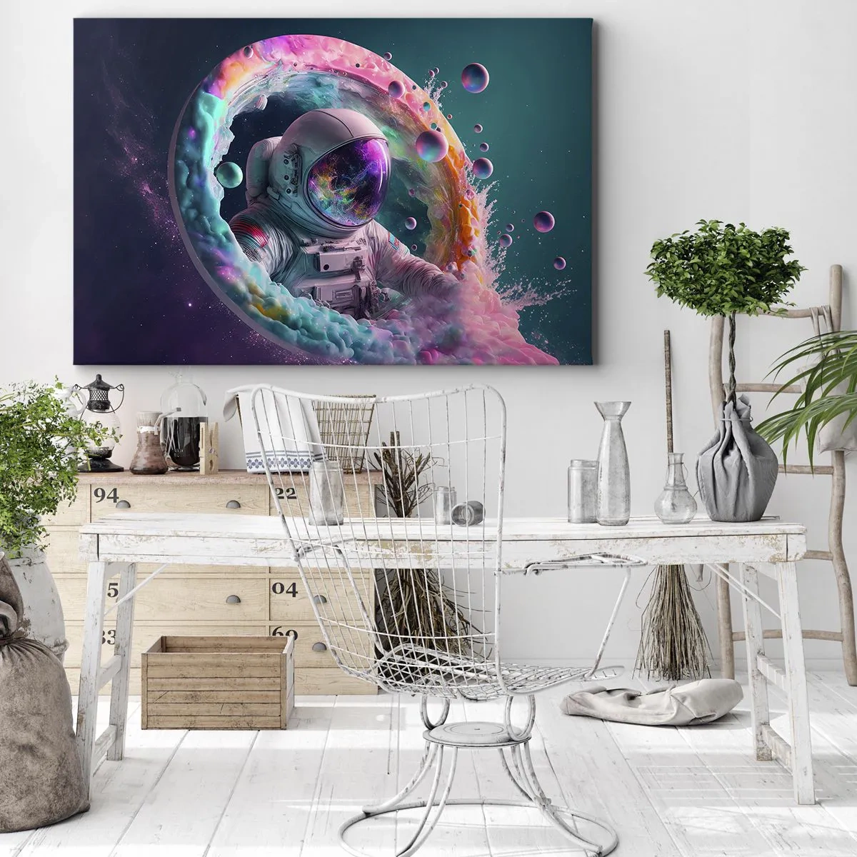 Obraz na plátně - Astronaut v barevné kosmické auře - 70x50cm - Hvězdná brána - Moderní nástěnná dekorace do obývacího pokoje a ložnice ARTTOR