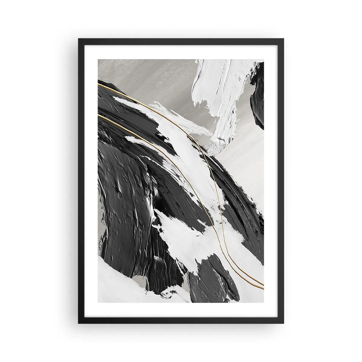 Plakát v černém rámu - Abstraktní tahy štětcem v černé, bílé a zlaté barvě - 50x70cm - Velkorysá abstrakce - Moderní nástěnná dekorace do obývacího pokoje a ložnice ARTTOR