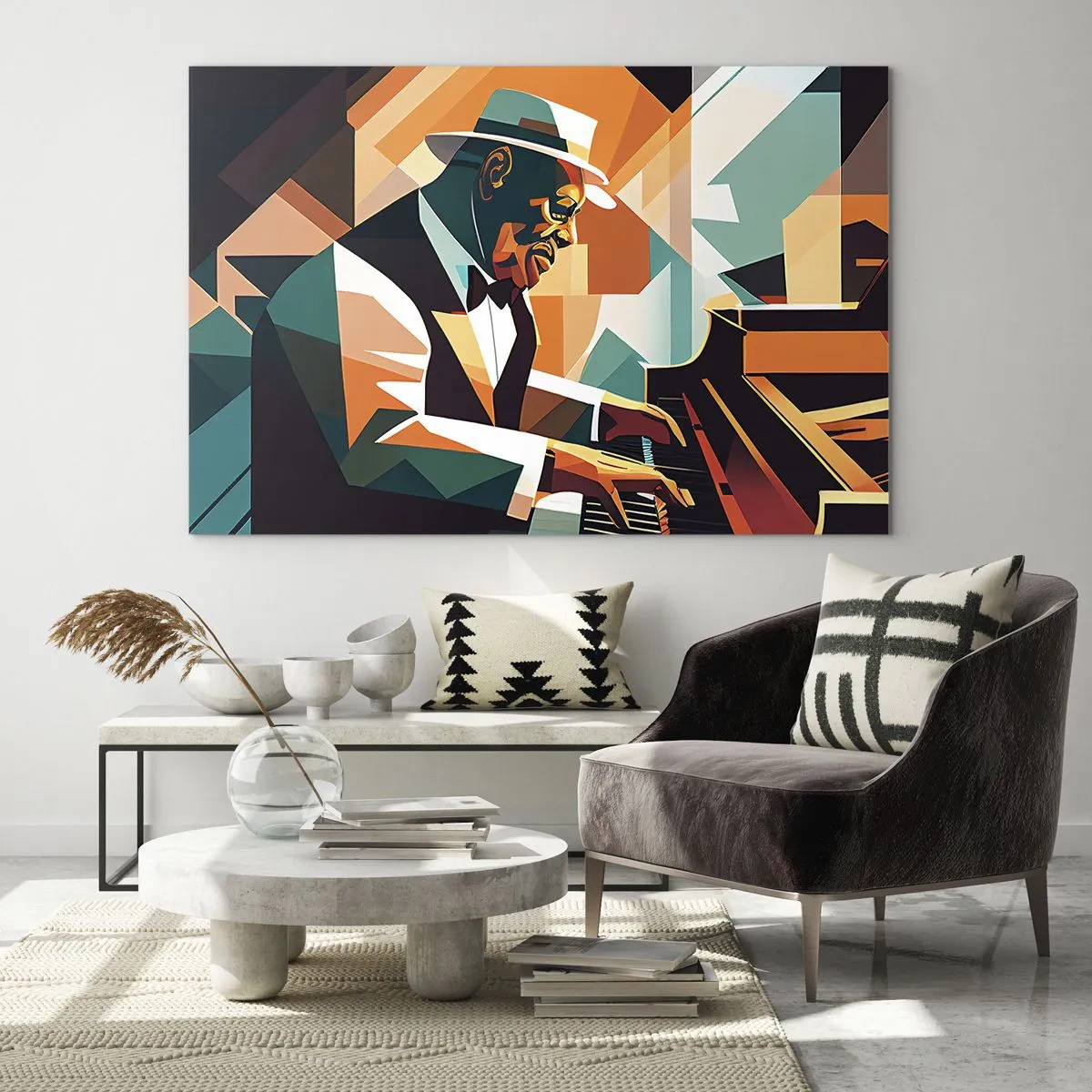 Obraz na skle - Barevný portrét jazzového pianisty - 70x50cm - Celý tento jazz - Moderní nástěnná dekorace do obývacího pokoje a ložnice ARTTOR