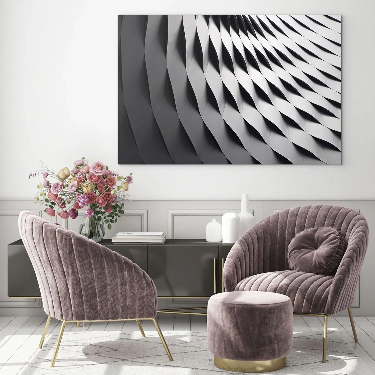 Obraz na skle - Abstraktní černobílá struktura připomínající vlnité tvary. - 70x50cm - Na hladině vln - Moderní nástěnná dekorace do obývacího pokoje a ložnice ARTTOR