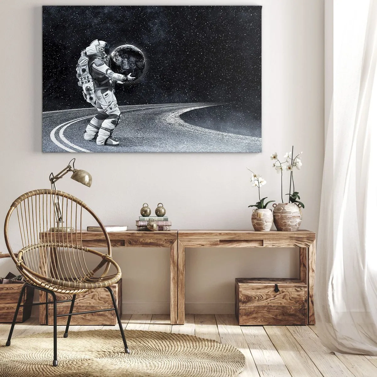 Obraz na plátně - Astronaut se Zemí proti hvězdné obloze - 70x50cm - Na Mléčné dráze - Moderní nástěnná dekorace do obývacího pokoje a ložnice ARTTOR