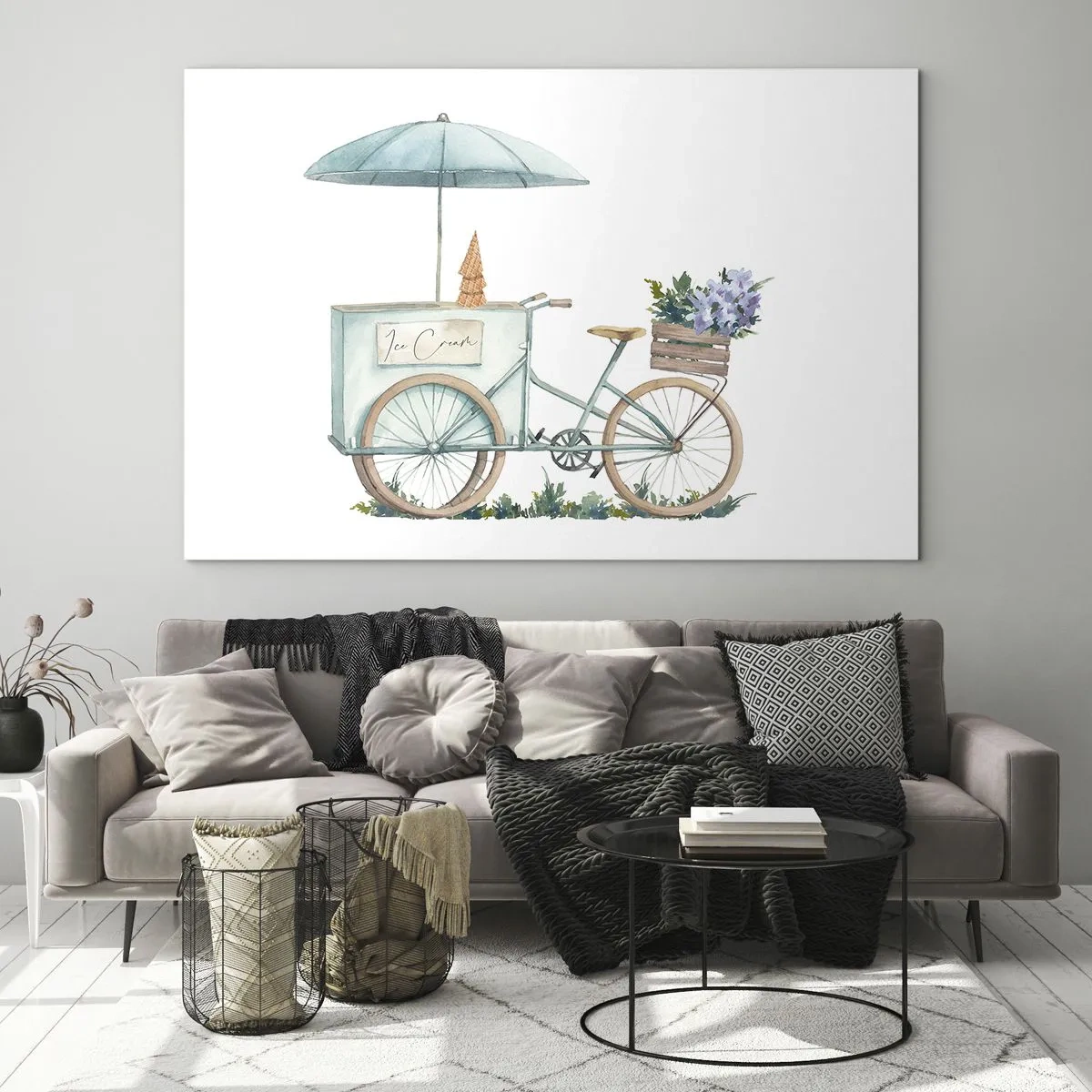 Obraz na skle - Kolo se zmrzlinou a pastelovými květinami - 70x50cm - Sladká vzpomínka na léto - Moderní nástěnná dekorace do obývacího pokoje a ložnice ARTTOR
