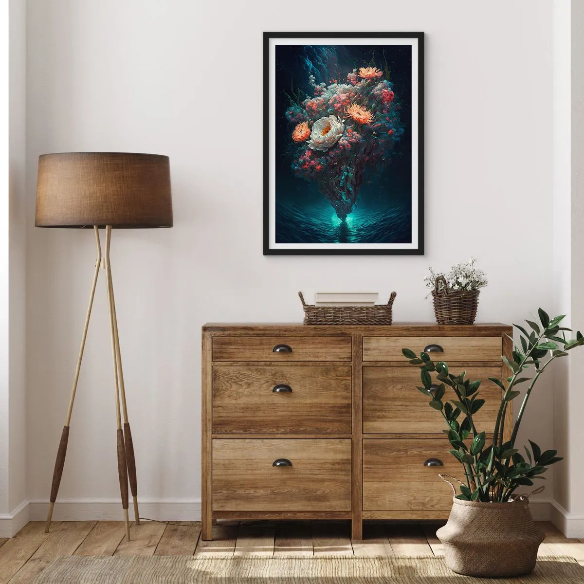 Plakát v černém rámu - Kouzelné aranžmá květin plovoucí nad vodou - 50x70cm - Podivná zahrada - Moderní nástěnná dekorace do obývacího pokoje a ložnice ARTTOR