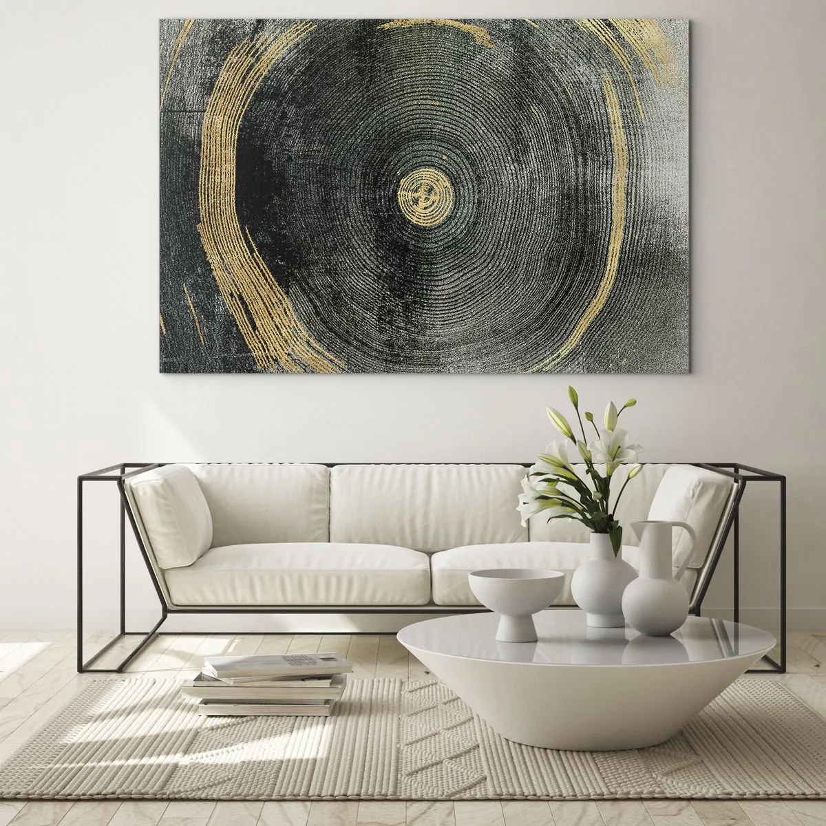 Obraz na skle - Průřez kmenem stromu s detaily a zlatými akcenty - 70x50cm - Změna a udržitelnost - Moderní nástěnná dekorace do obývacího pokoje a ložnice ARTTOR