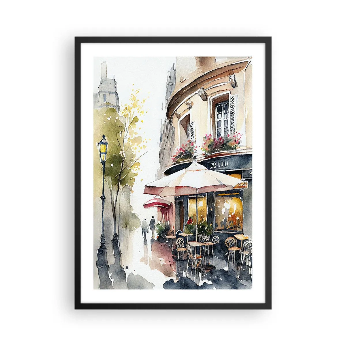 Plakát v černém rámu - Kavárna na malebné ulici v evropském stylu - 50x70cm - Pařížské ráno - Moderní nástěnná dekorace do obývacího pokoje a ložnice ARTTOR