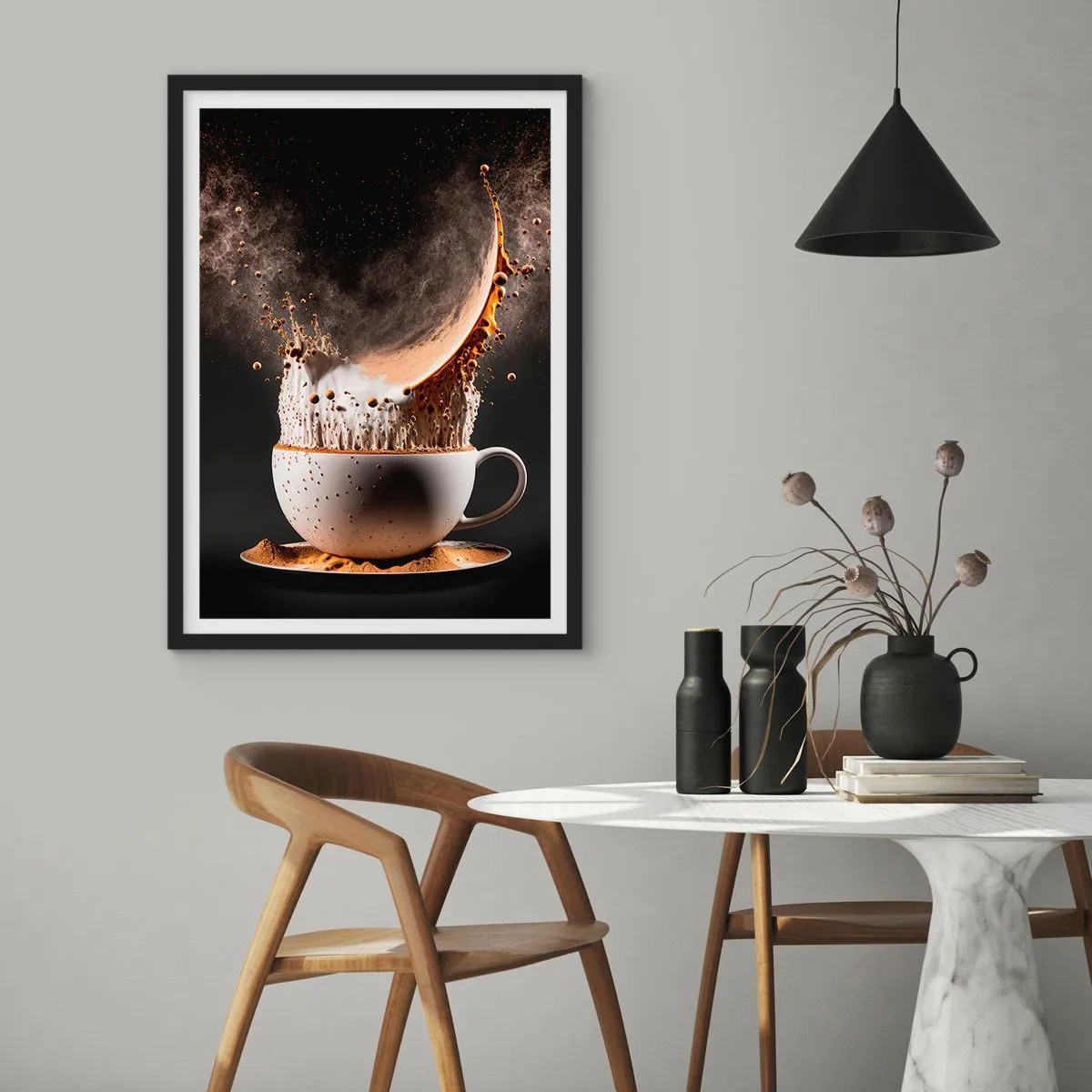 Plakát v černém rámu - Dynamická exploze kávy v šálku - 50x70cm - Exploze chuti - Moderní nástěnná dekorace do obývacího pokoje a ložnice ARTTOR