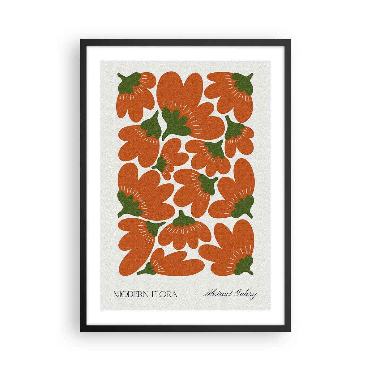 Plakát v černém rámu - Abstraktní oranžové květy na světlém pozadí - 50x70cm - Ze života květin - Moderní nástěnná dekorace do obývacího pokoje a ložnice ARTTOR